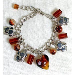 Amber Glass & Four Silver Tone Happy Elephants Dangle Charm Bracelet - 7 3/4"